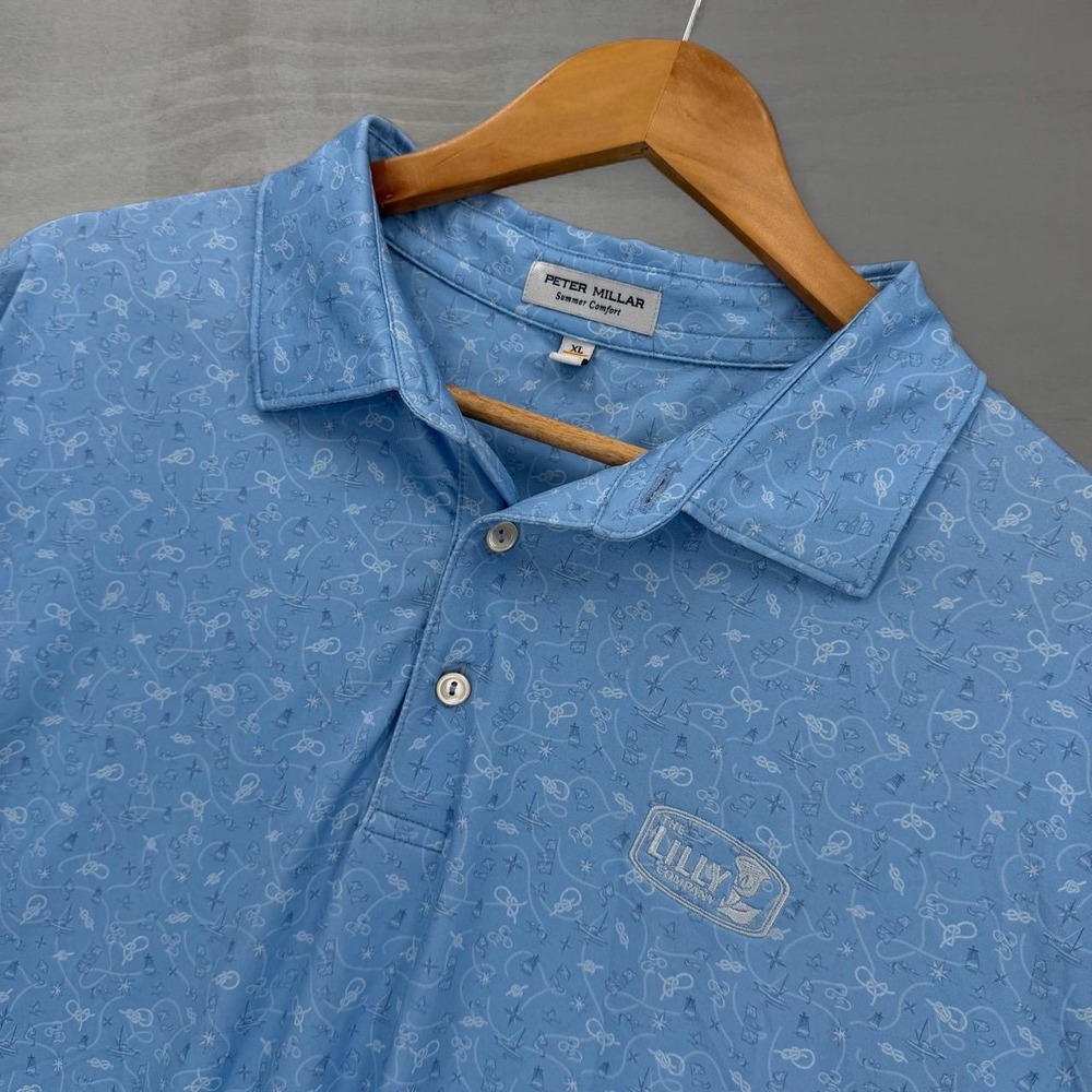 Peter Millar Golf Crown Polo Shirt Light Blue Nautical Print Summer Comfort XL